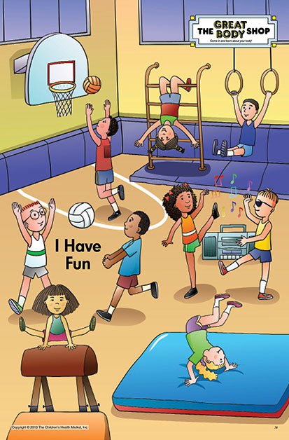 Student facing page of the big book                   showing kids having fun in a gym.